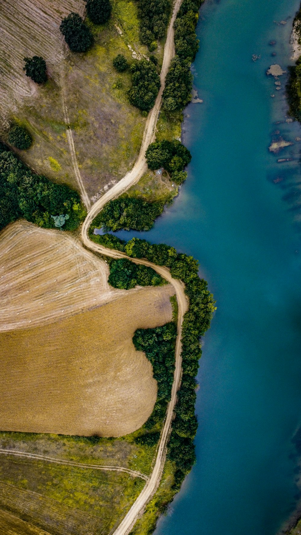 an aerial view of a river and a road