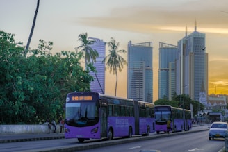 a couple of buses that are sitting in the street