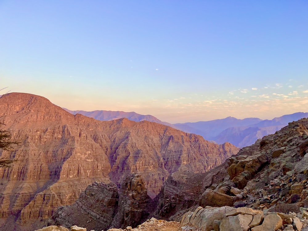 a view of a mountain range with a few trees in the foreground