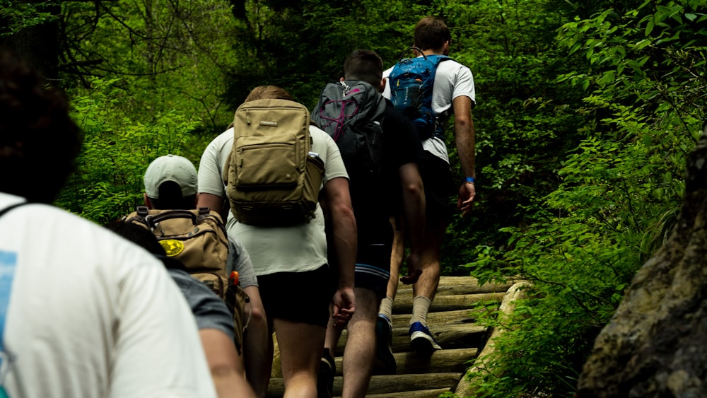 a group of people walking up a set of stairs