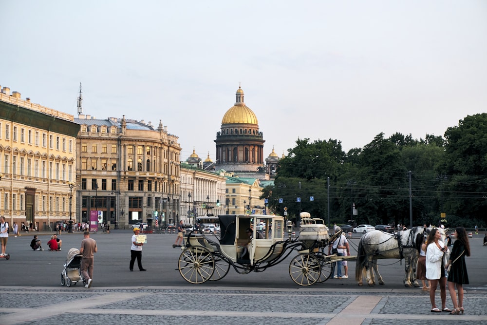 a horse drawn carriage on a city street