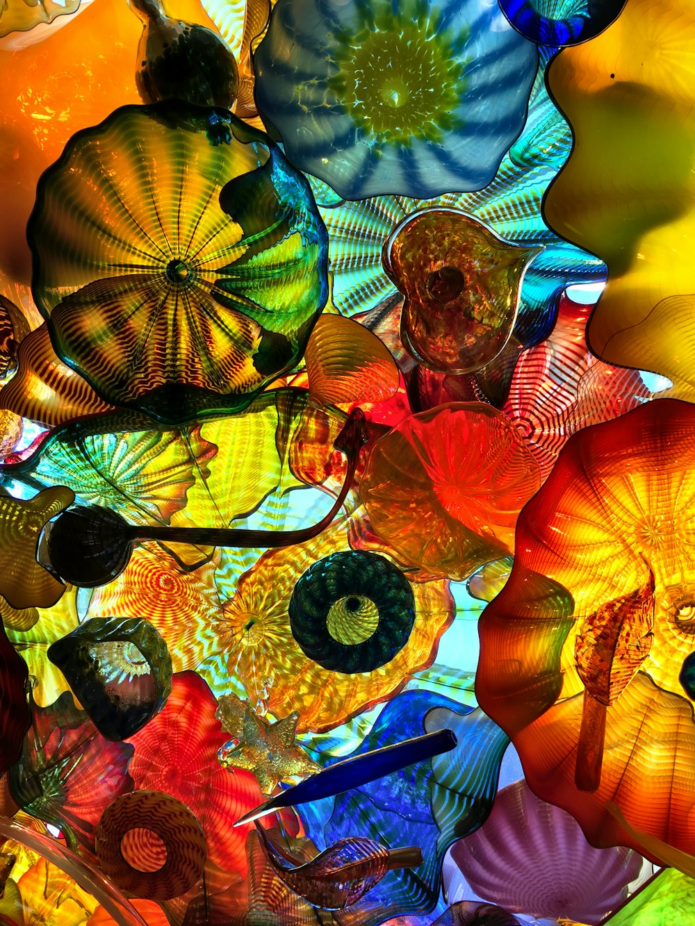 a bunch of colorful glass flowers hanging from the ceiling