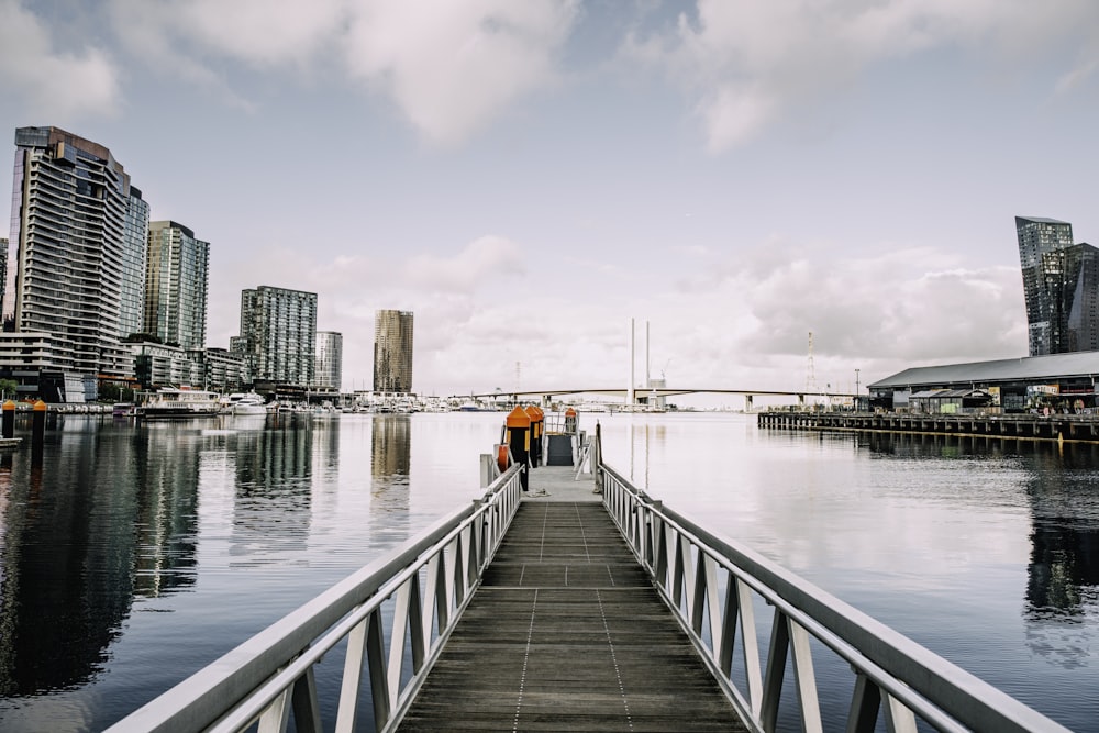 two people standing on a dock near a body of water