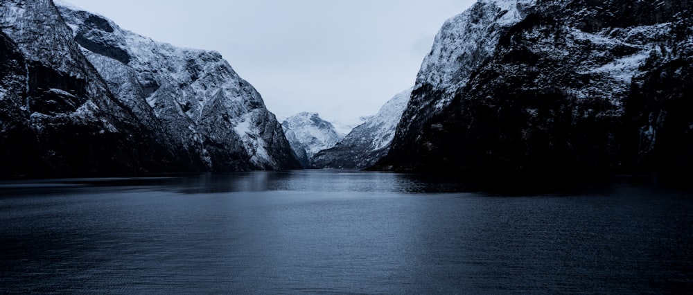 a body of water surrounded by snow covered mountains