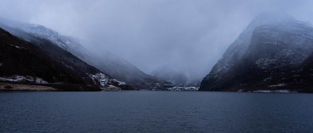 a body of water surrounded by mountains covered in snow