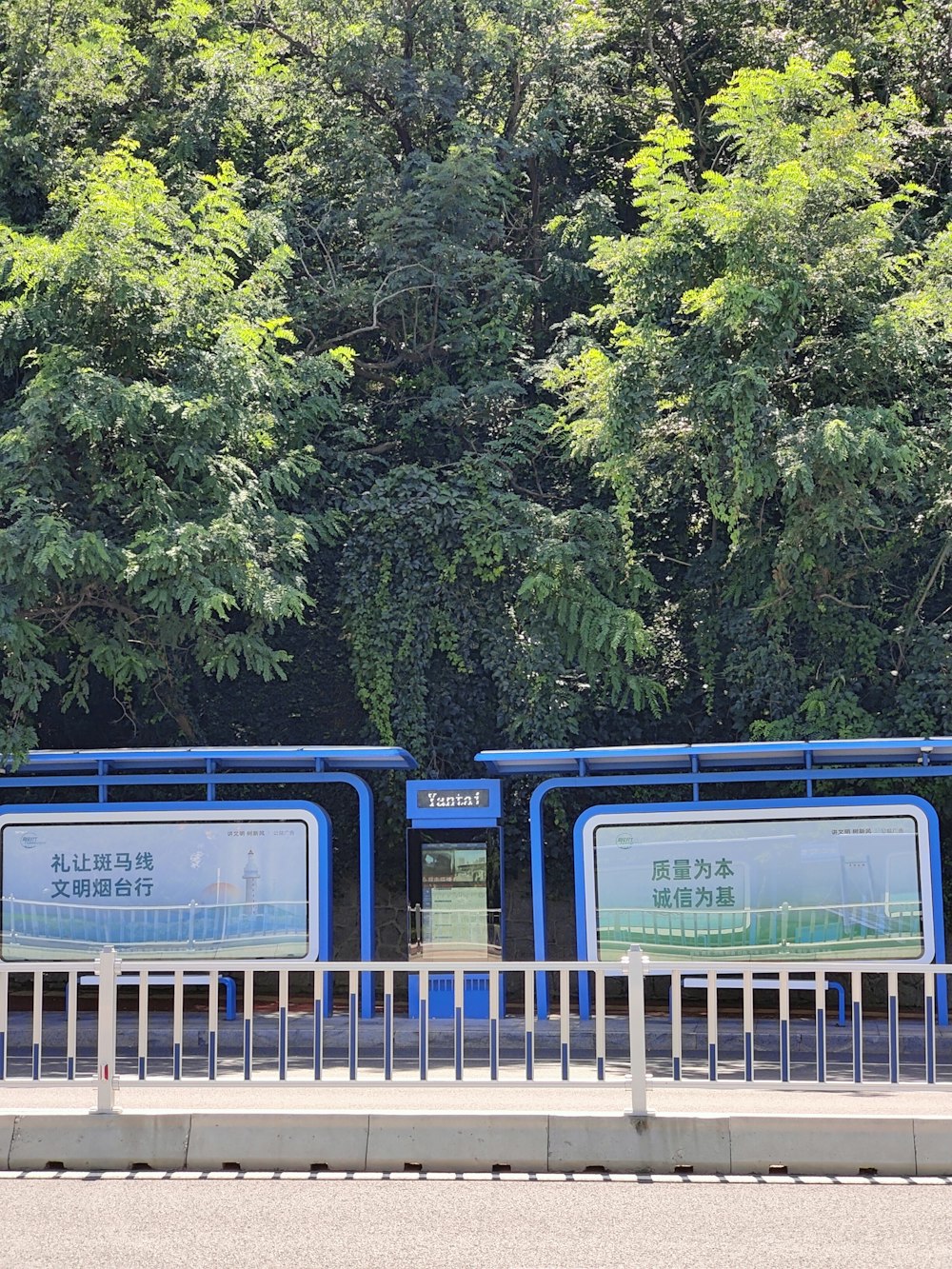 a blue train traveling past a lush green forest