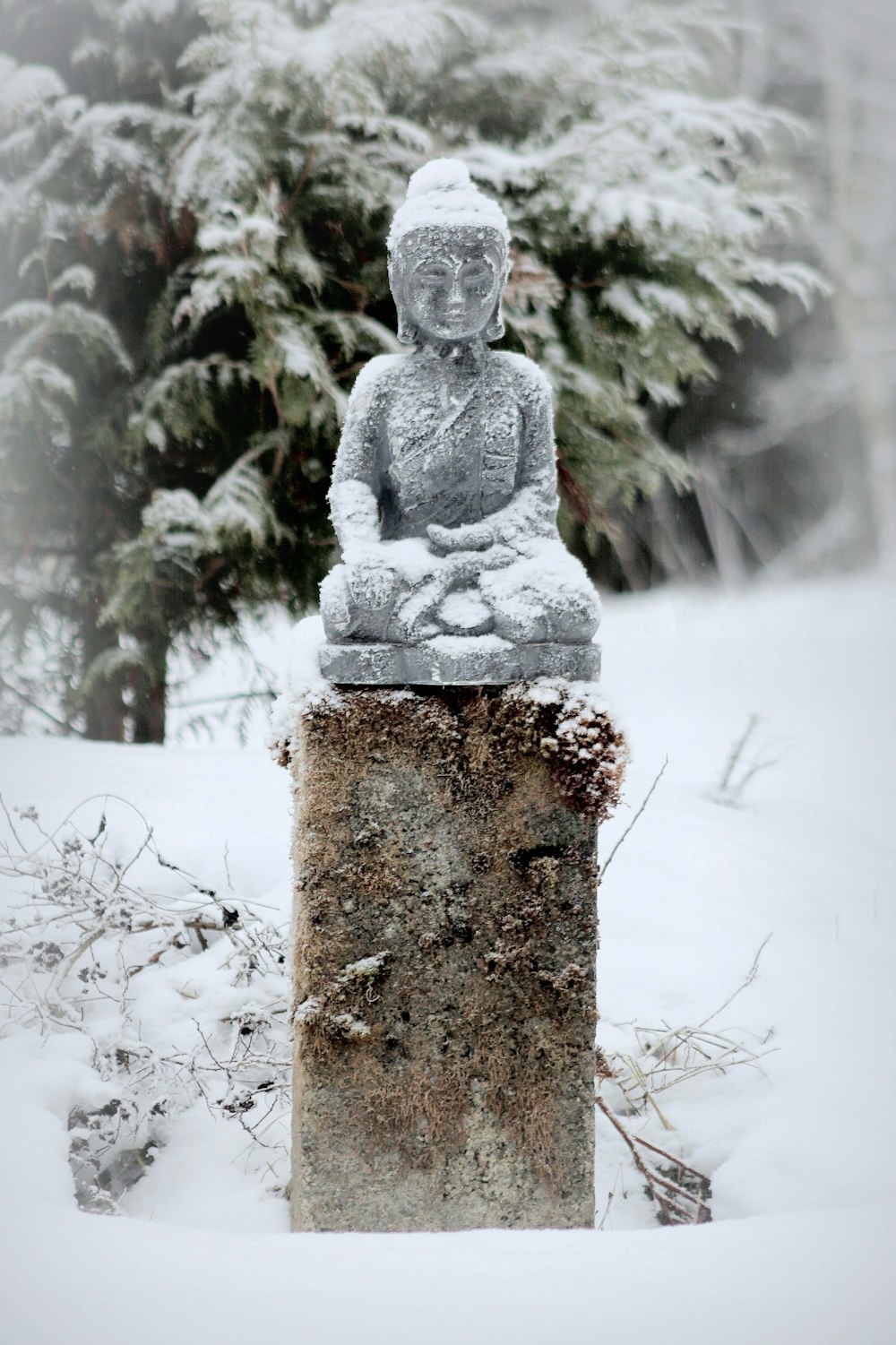 Eine Statue eines Buddha, der im Schnee sitzt