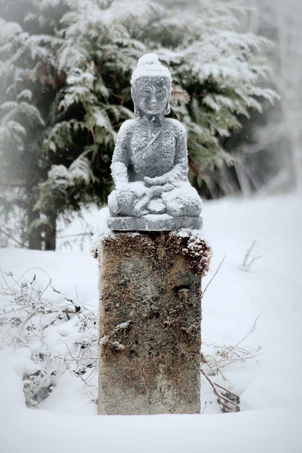 uma estátua de um buda sentado na neve
