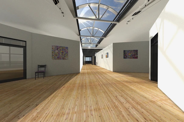 School hallway featuring clean, minimalist design with student artwork displayed on walls