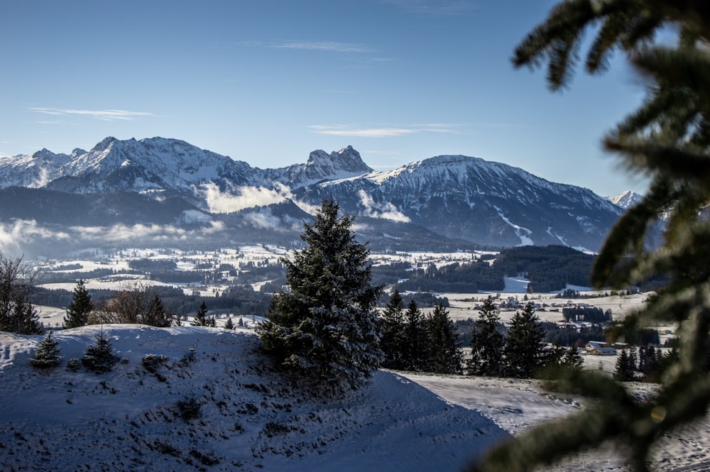 a view of a mountain range covered in snow