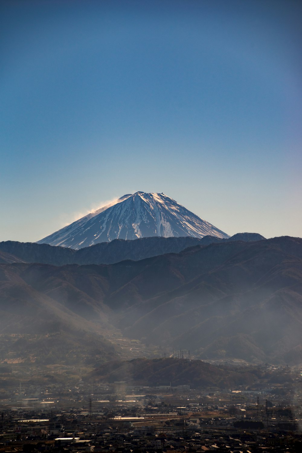 a view of a snow covered mountain in the distance