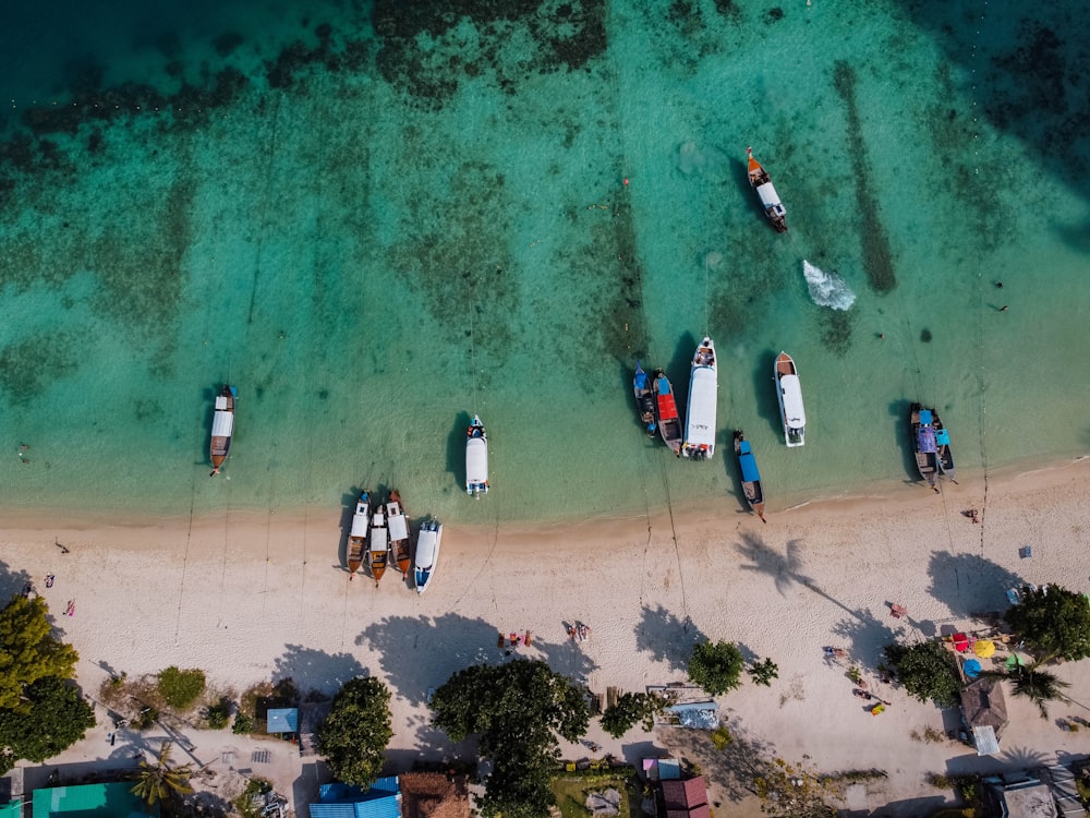 a group of boats sitting on top of a sandy beach