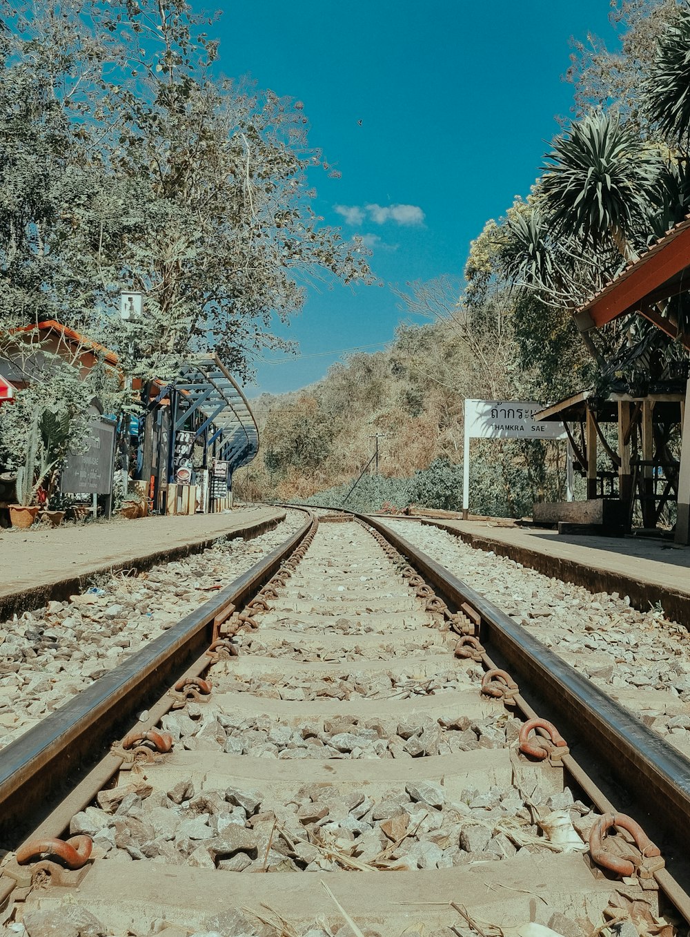 a view of a train track with trees in the background