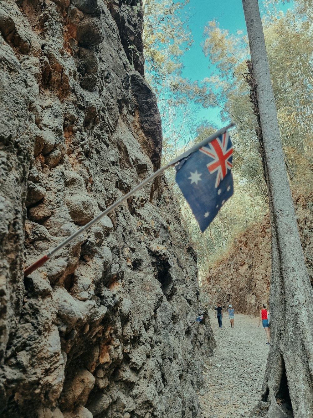 a flag hanging on a rock wall next to a tree