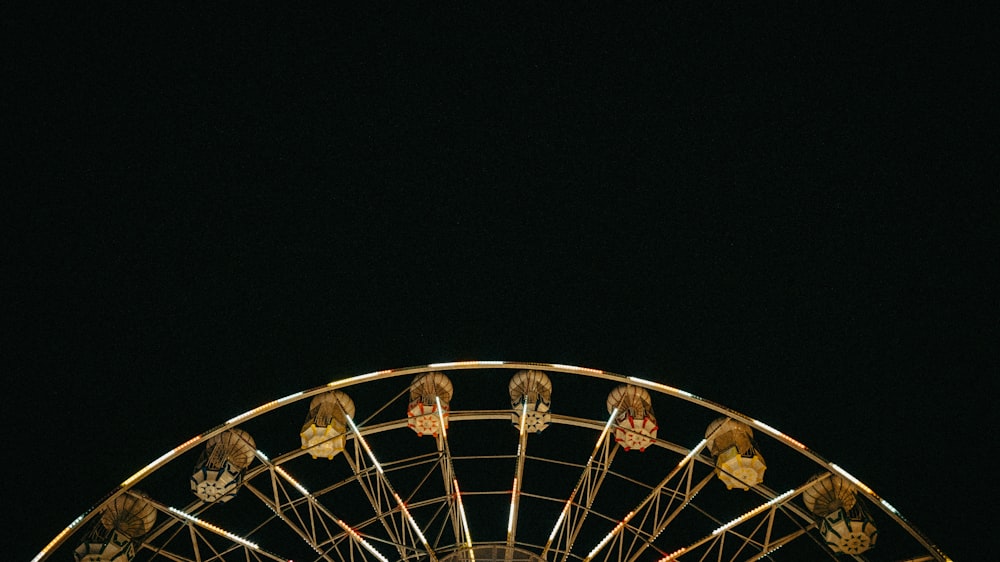 a ferris wheel lit up at night in the dark