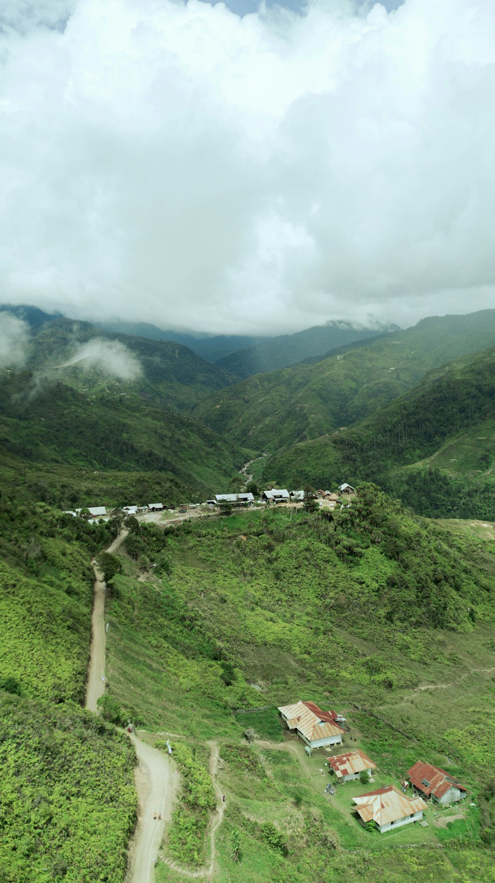 an aerial view of a small village in the mountains