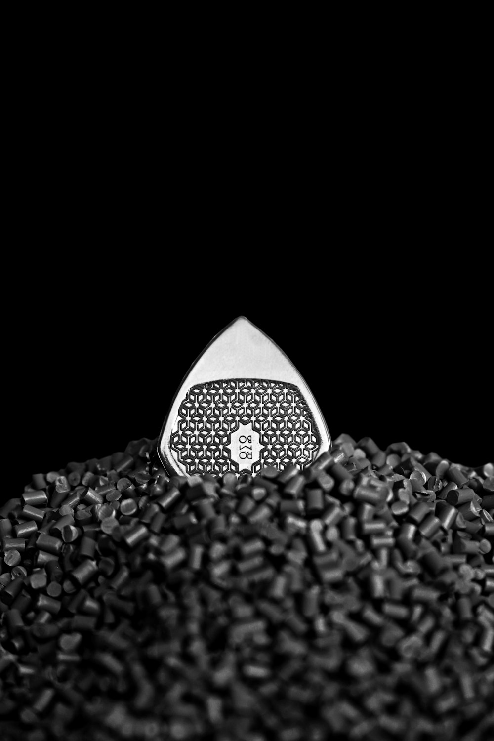 a black and white photo of a pile of black seed