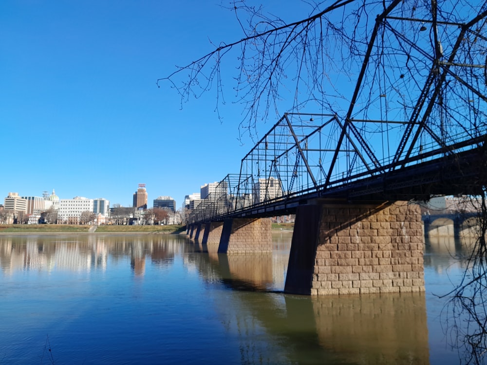 a bridge over a body of water with a city in the background