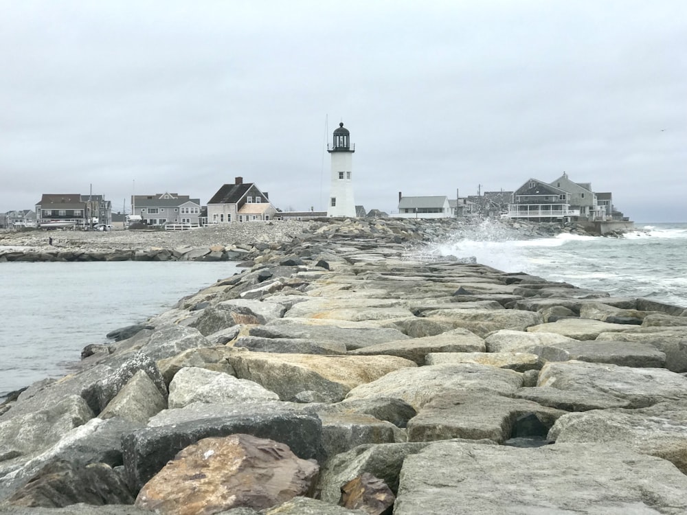 a lighthouse on a rocky shore near the ocean