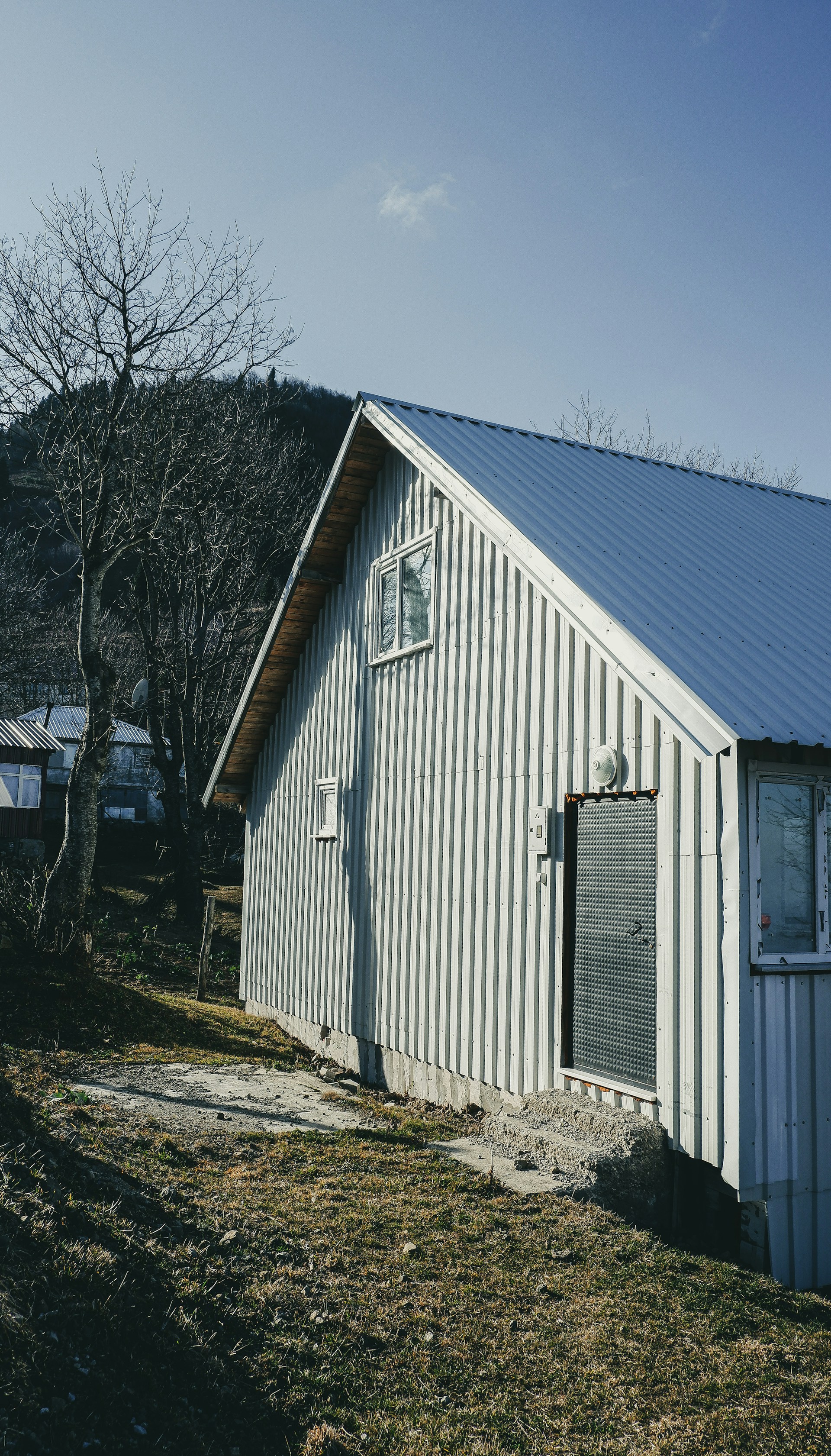 A small, corrugated metal house stands in a grassy area, surrounded by bare trees. The structure has a gabled roof, a few windows, and a door with some shading on the concrete foundation. The sky is clear, and the image has a cool, shadowy tone reflecting the winter season.