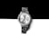 A silver wristwatch with a metallic bracelet is positioned against a contrasting background of black and white. The watch face is adorned with small crystals around the bezel and features three sub-dials. Roman numerals and simple batons mark the hour, and the brand name is printed at the top.