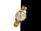 A gold wristwatch with a metallic band and a round face featuring a crystal-studded bezel is positioned against a stark black and white background. The watch face shows three sub-dials and has a sophisticated, luxurious appearance with gold detailing.