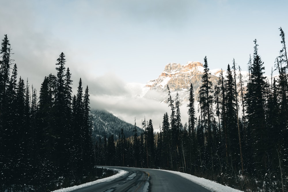 a snow covered road with a mountain in the background