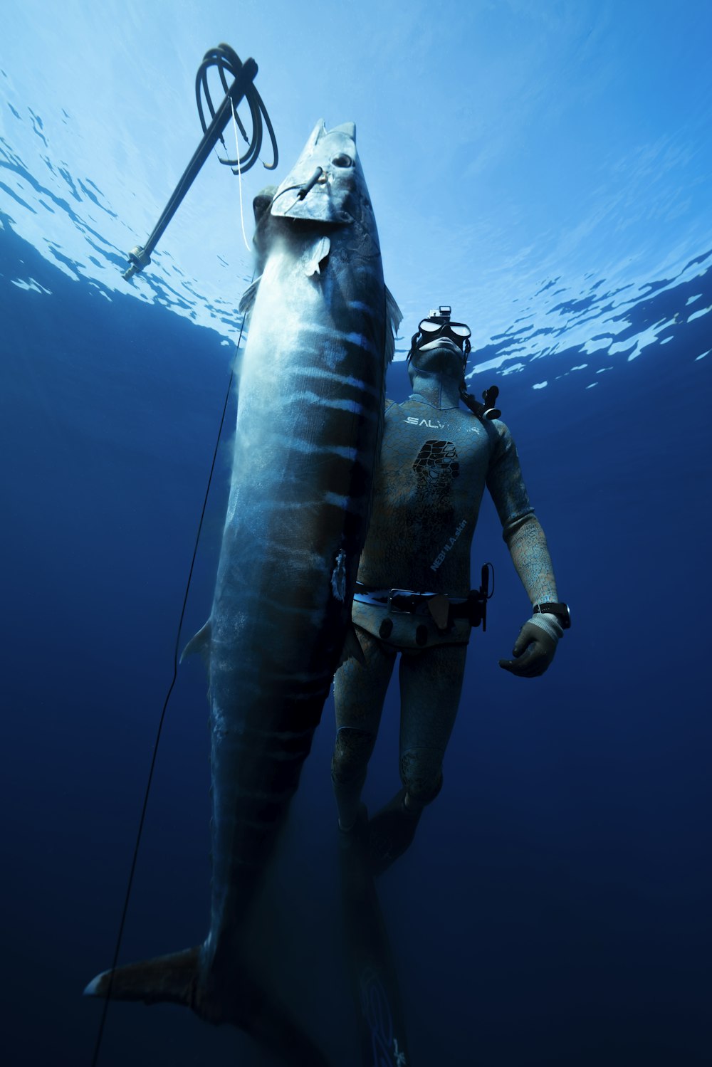 Un homme tenant un gros poisson dans l’eau