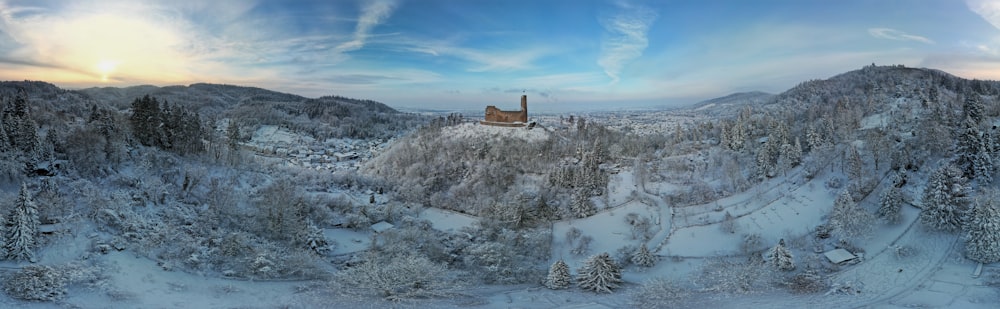 an aerial view of a house in the middle of a snowy forest