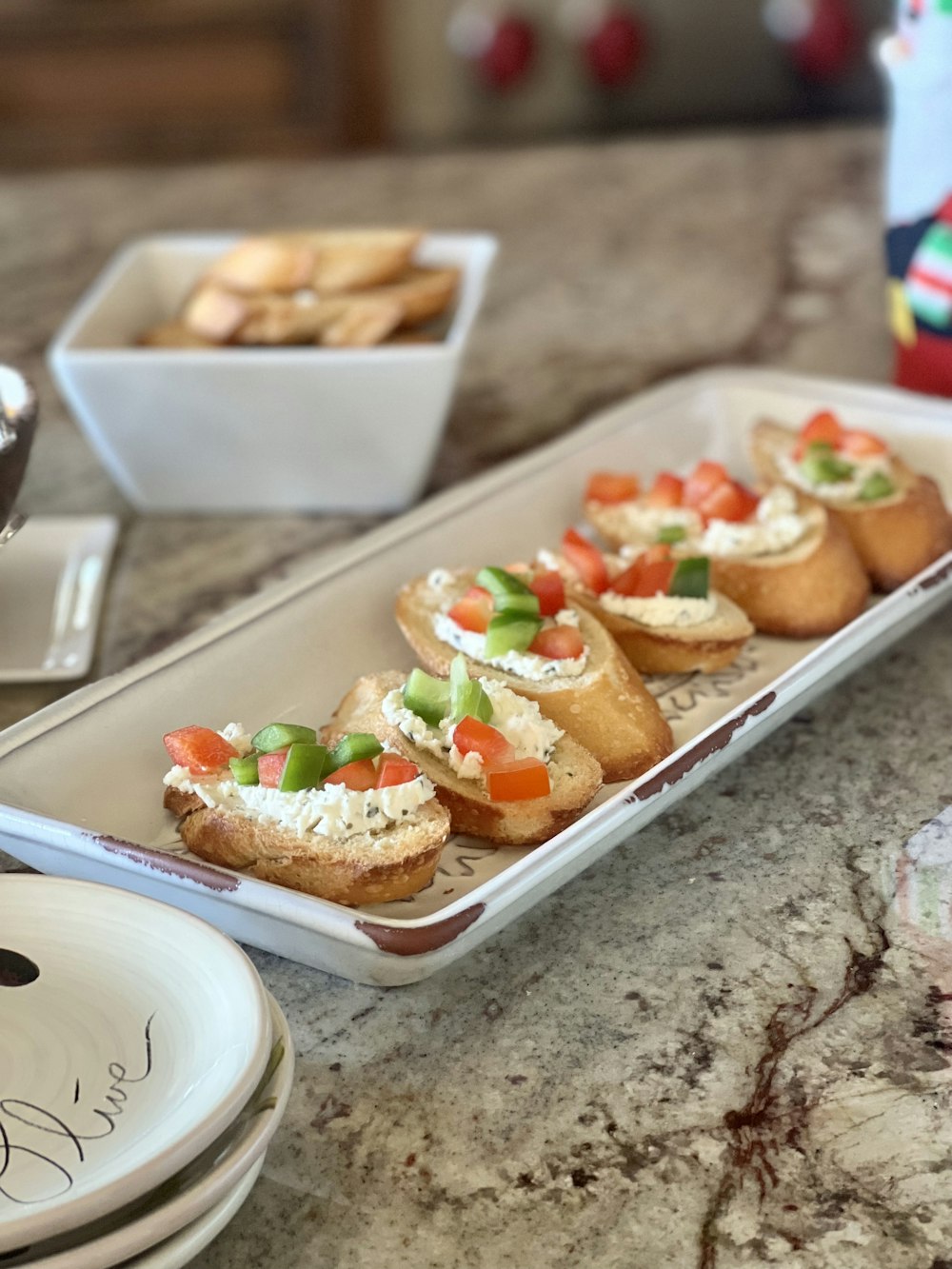 a tray of appetizers on a kitchen counter