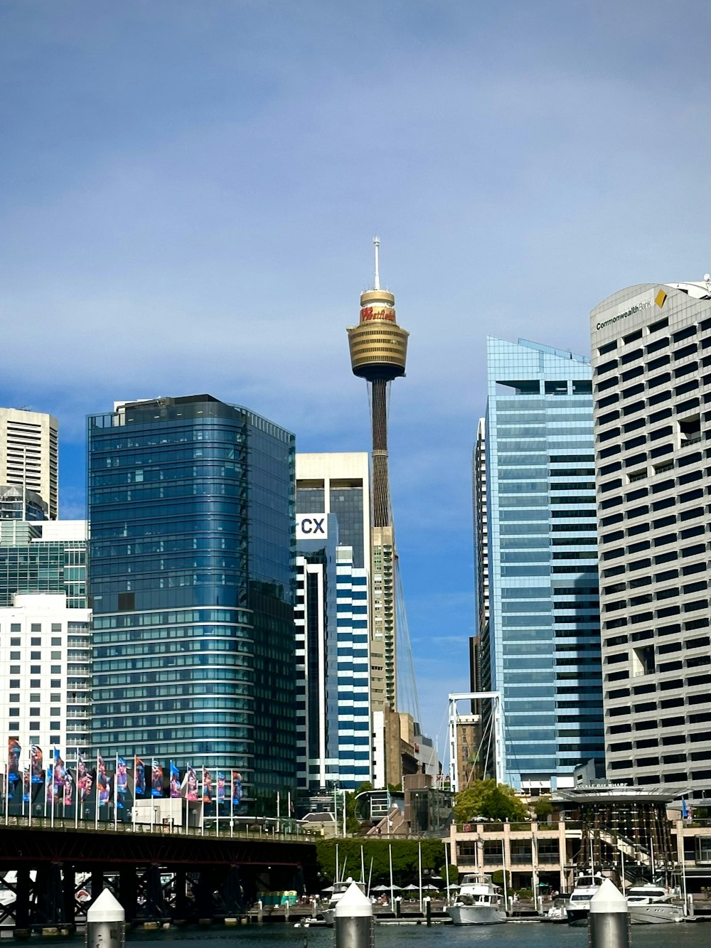 a view of a city with tall buildings and a bridge