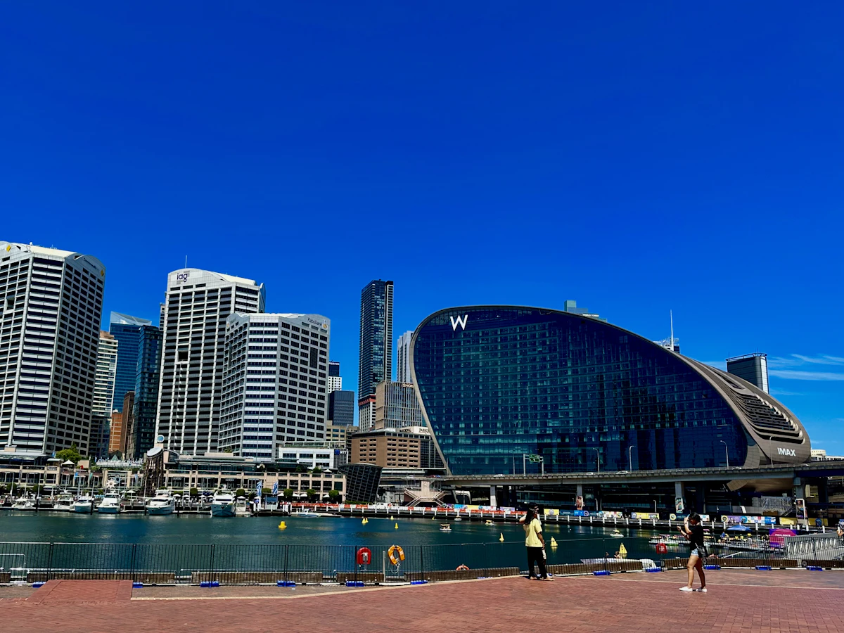 Darling Harbour waterfront with boats and the W Sydney hotel