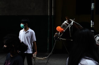 A person wearing a surgical mask and a white polo shirt is holding the reins of a horse adorned with a vibrant orange pom-pom on its bridle. The setting appears to be dimly lit with a dark background, creating a contrast with the bright outfit and the horse's decorations. Several other people are partially visible in the foreground.