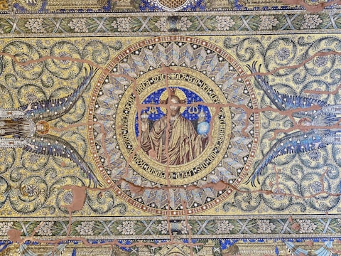 An intricate symbolic illustration blending Christian icons with modern geometric shapes.