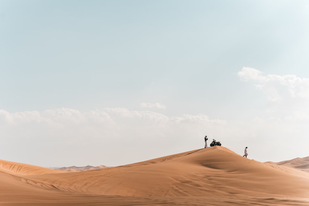 two people standing on top of a sand dune