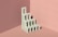 A minimalist, abstract sculpture resembling a series of interconnected arches is placed in a corner with pink walls and floor. The structure is bathed in soft lighting, creating shadows that add depth and dimension to the scene.