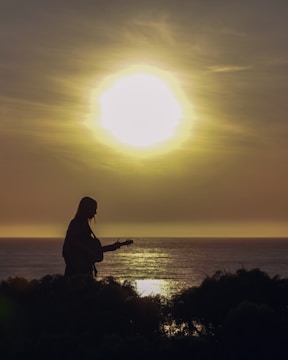 A serene beach sunset with a bass guitar silhouette.