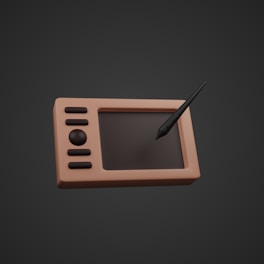 A digital drawing tablet with a stylus is suspended on a dark background. The tablet features multiple buttons on one side and a circular control knob. It has a rectangular screen and is angled slightly, with the stylus positioned as if ready for use.