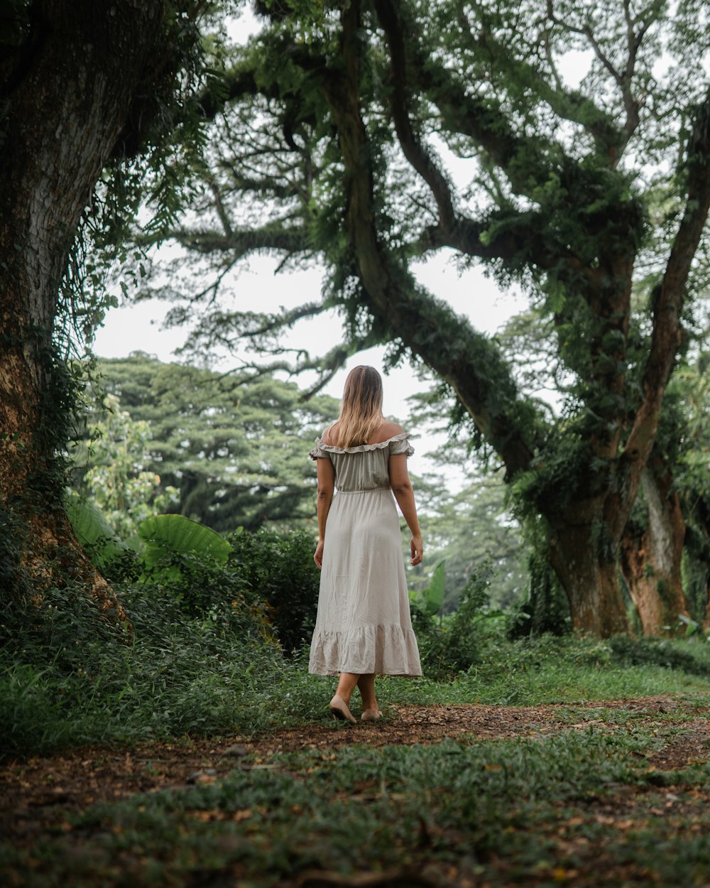 a woman in a dress walking through a forest