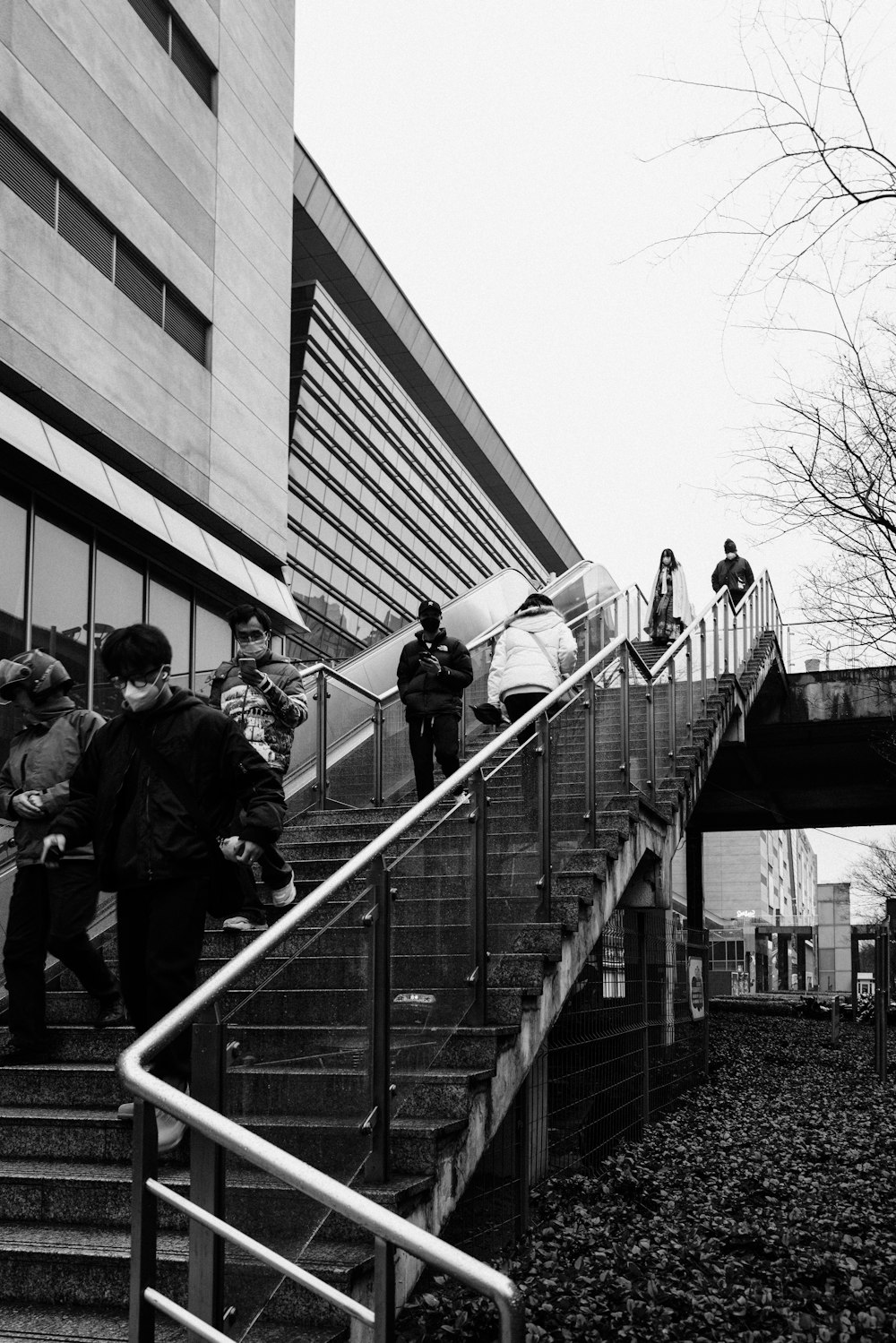 a black and white photo of people walking up stairs