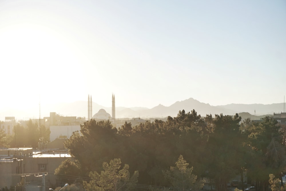 a view of a city with mountains in the background