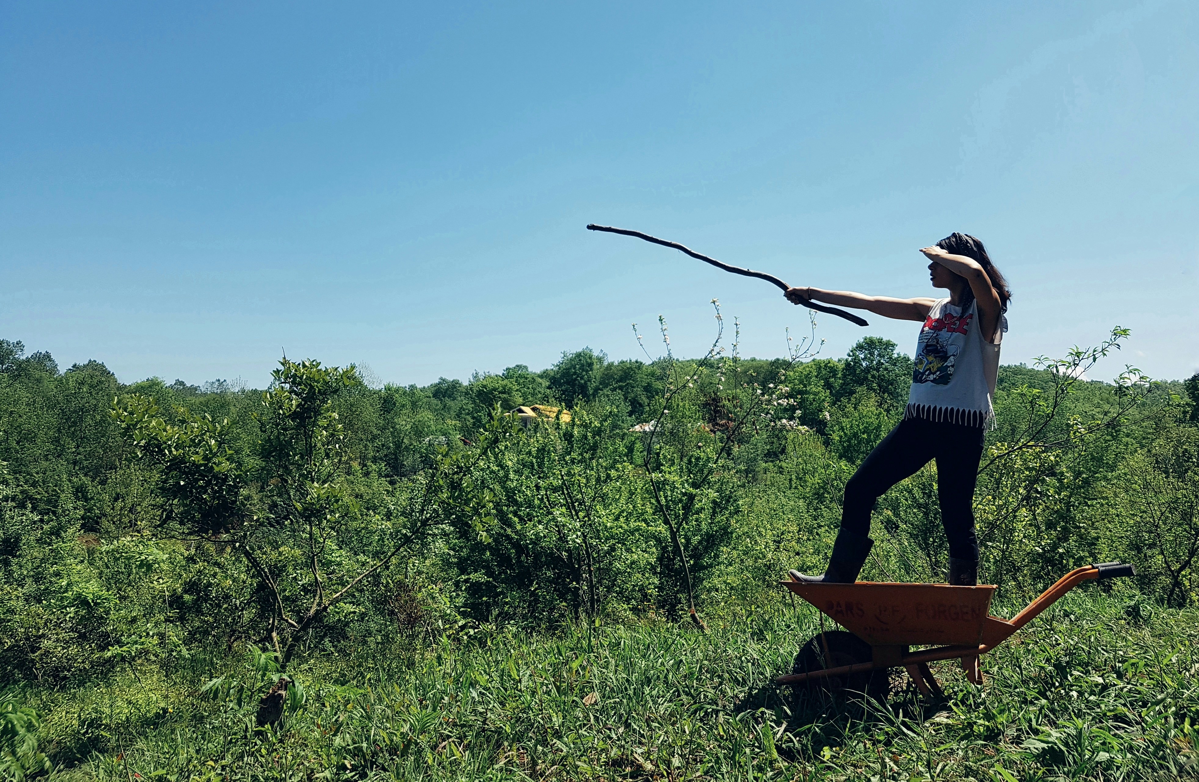 a woman standing on top of a wheelbarrow holding a stick