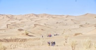 A vast desert landscape with rolling sand dunes and scattered sparse vegetation. Groups of people are walking and exploring the area, suggesting a tourist activity or hike. The clear blue sky enhances the arid beauty of the scenery.