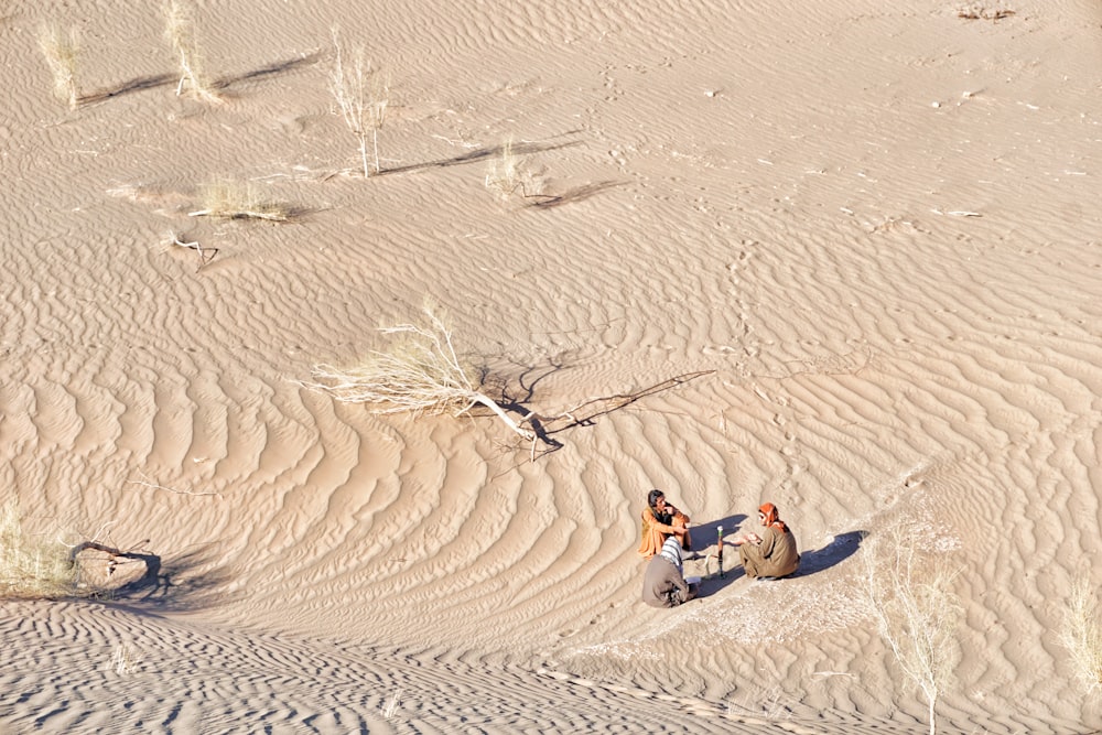 a couple of people sitting on top of a sandy beach