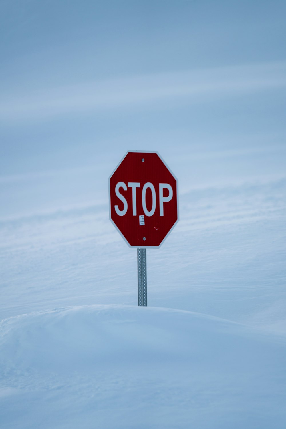 a red stop sign sitting on top of a snow covered field