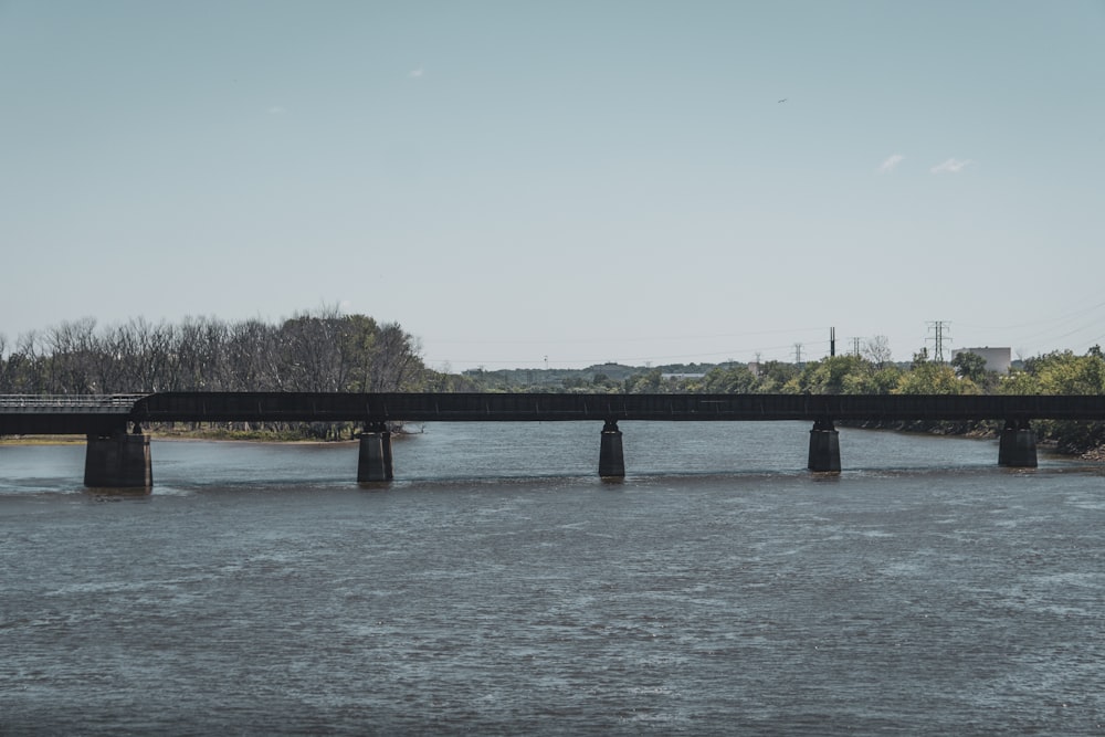 a bridge over a body of water with trees in the background