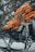 A close-up of a brightly colored snowmobile with an orange and black design. The vehicle is parked on snowy terrain surrounded by snow-covered trees. The detailed view highlights the mechanical components and sleek design features.