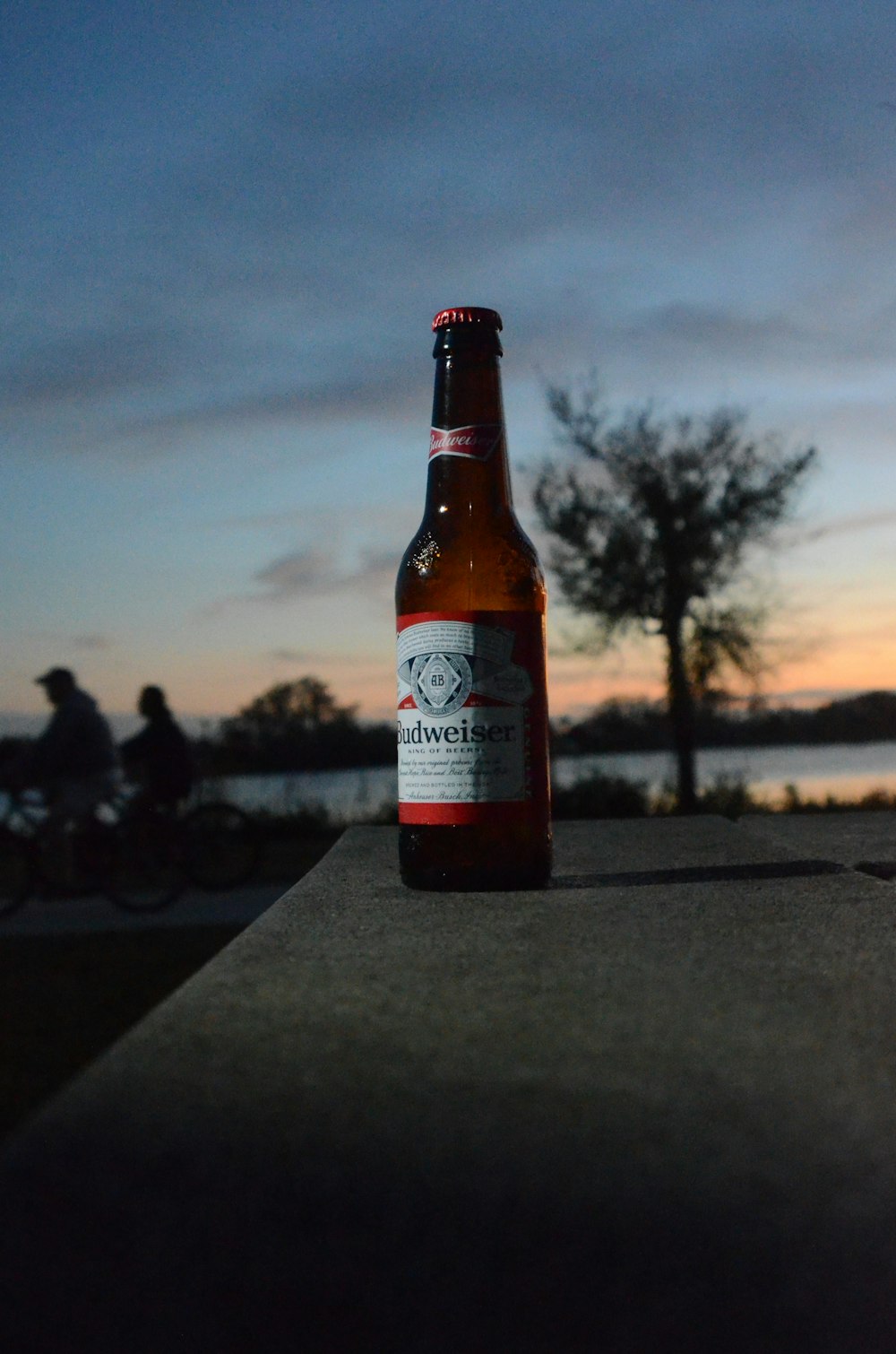 a bottle of beer sitting on top of a cement slab