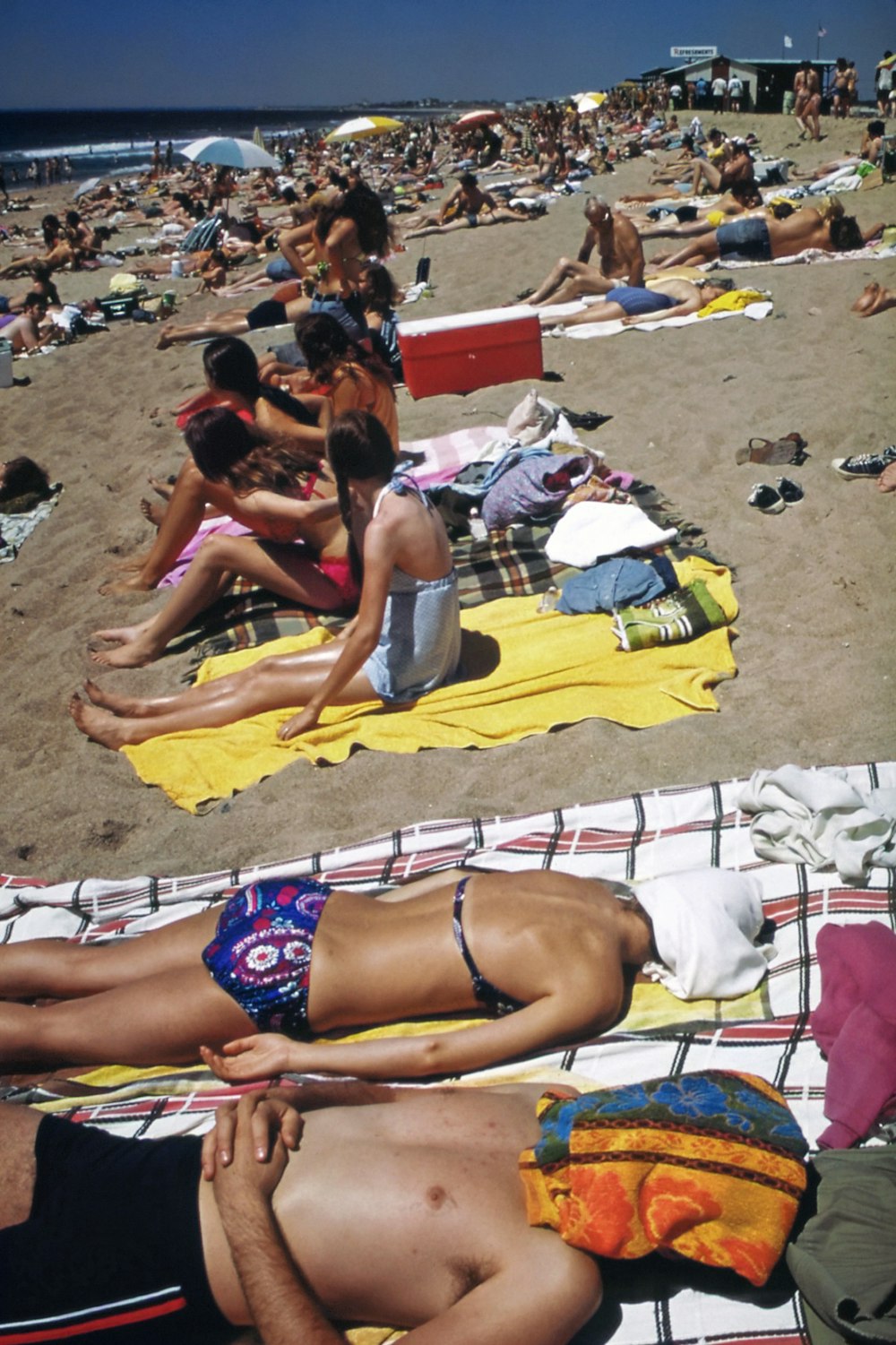 a group of people laying on top of a sandy beach