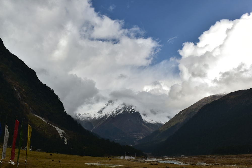 a valley with a mountain in the background under a cloudy sky